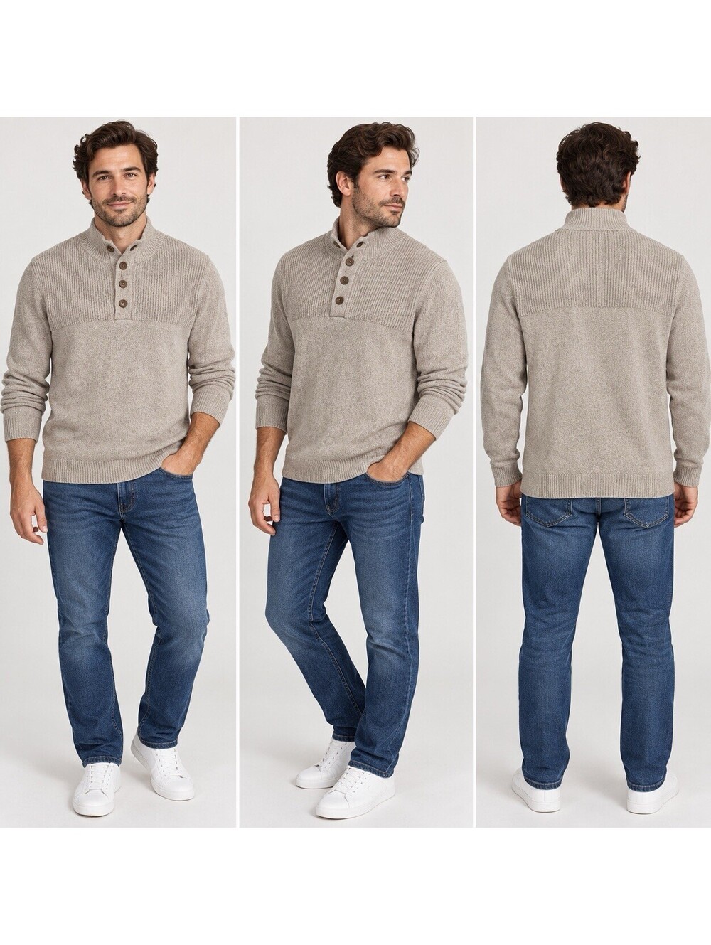 Club Room Men’s Large Oatmeal Cotton Mock Neck Button Pullover Sweater Preppy